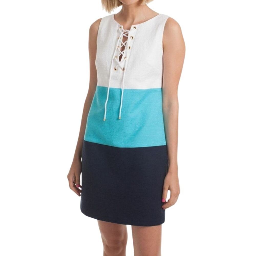 Trina Turk Miss Brady Colorblock Lace-Up Shift Dress Size 12 White Aqua Navy